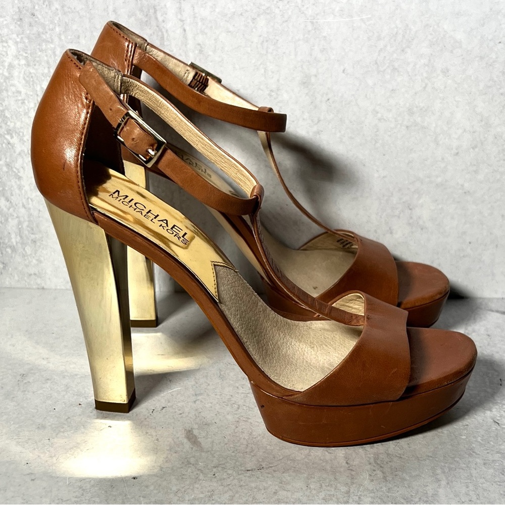 Michael Kors Josie T Strap platform with rose gold metallic heel